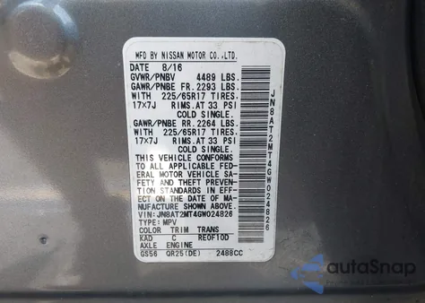 2016 Nissan Rogue Sv z USA, uszkodzony, nr VIN JN8AT2MT4GW024826